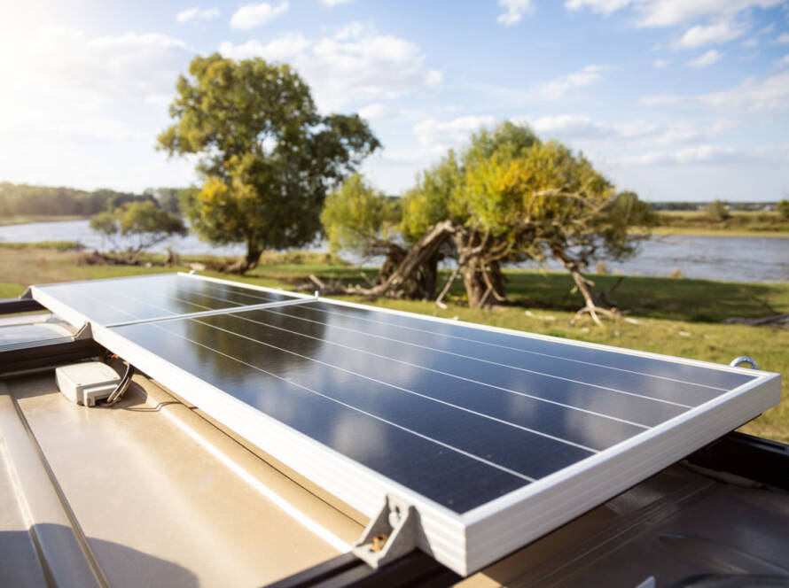 A solar panel on the roof of a camper van parked in nature. Sunny day with trees and a river in the background.